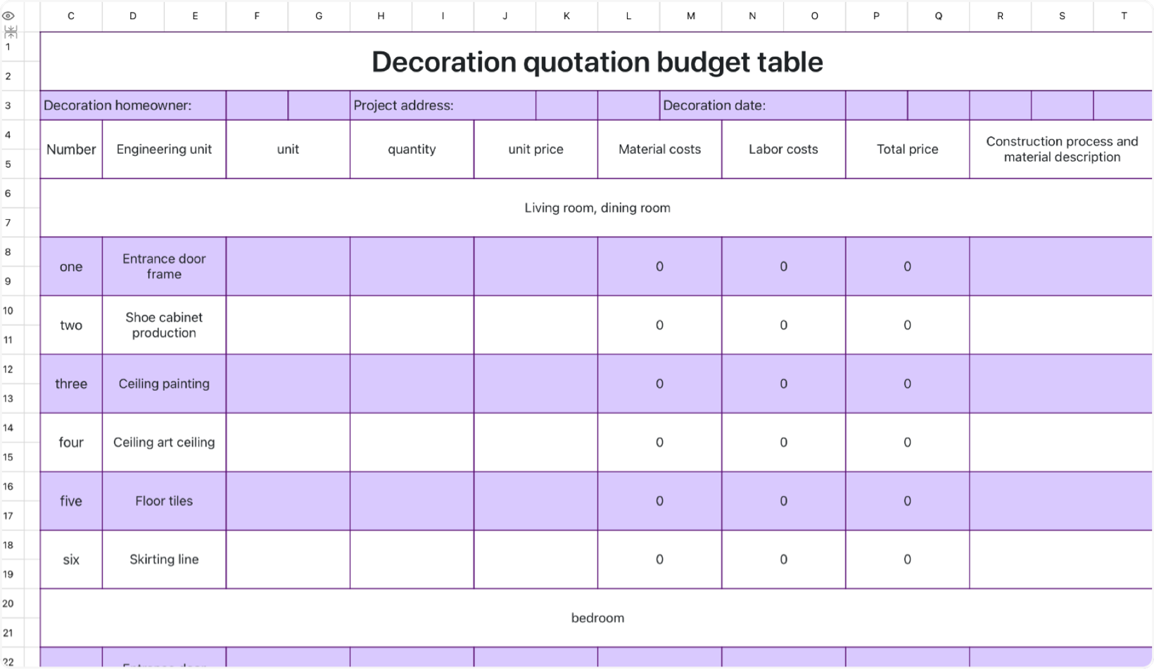 Decoration quotation budget table 1